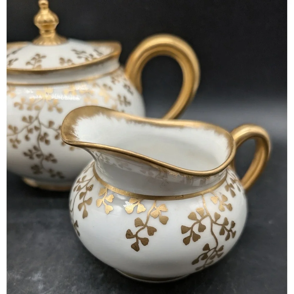 Antique Limoges Lycett France Gold Leaf Porcelain Teapot Sugar Creamer Set 3pc